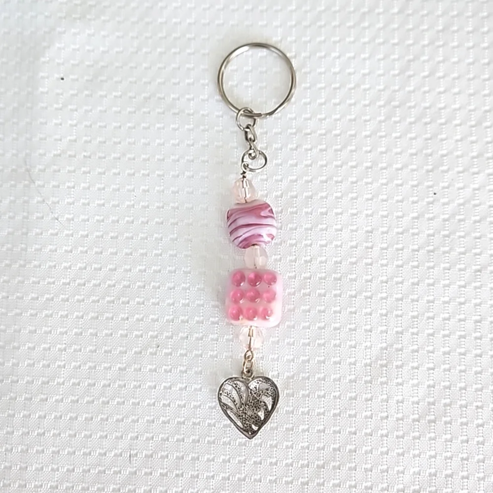 Elegant Pink Swirl Bead & Heart Charm Keychain Keyring Handmade